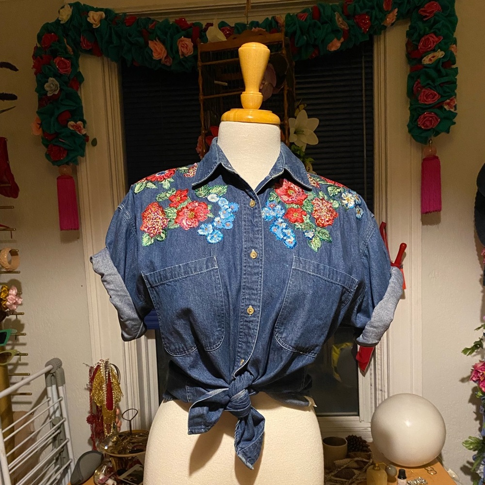 Vintage Denim Button Down with Hand Painted Florals
